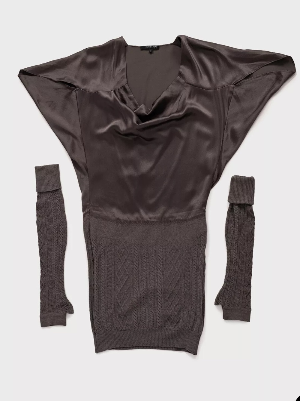 Patrizia Pepe Charcoal Brown Satin & Knit Mixed-Media Mini Dress 1/ IT38